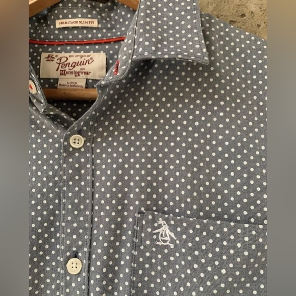 Original Penguin Shirt Large Polka Dot Gray Heritage Slim Fit Chambray - Picture 2 of 2